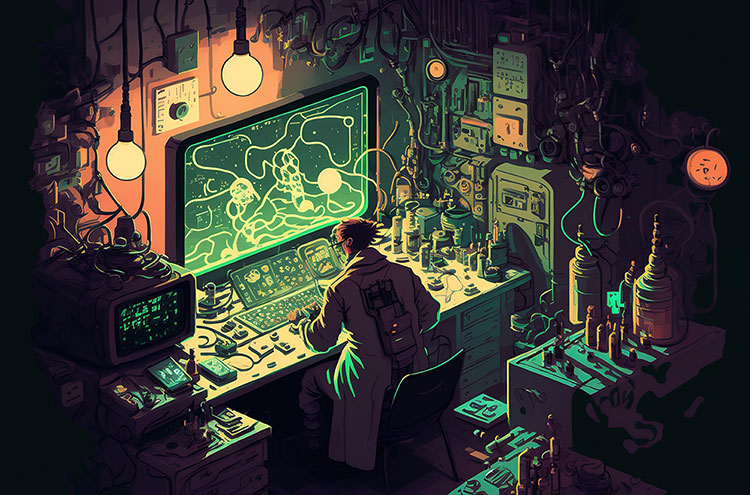 AI development company at his crazy work station
